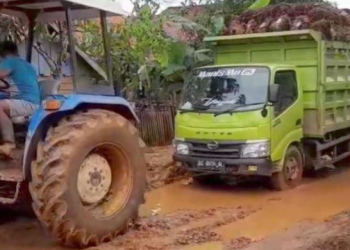 Jalan Desa Pelaju Banyuasin Rusak Parah, Kendaraan Sampai Harus Ditarik Traktor Sawah
